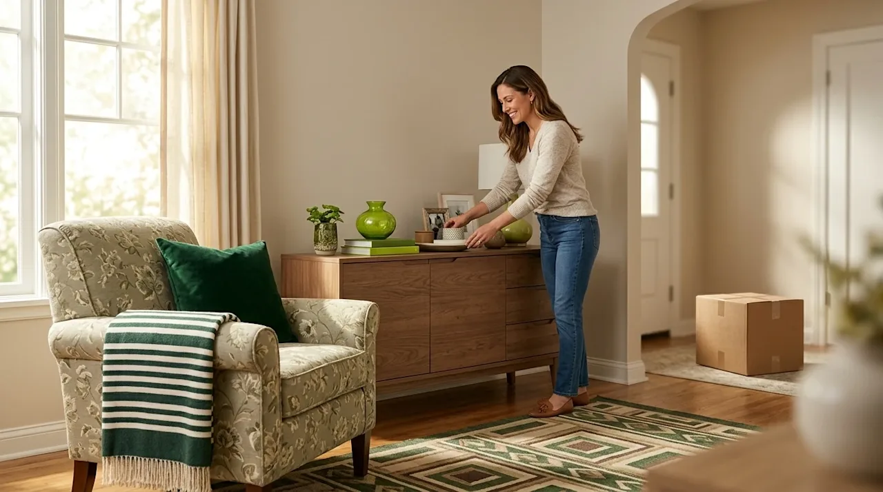 Professional marketing photography of a bright, beautifully styled living room demonstrating interior design by pairing patte
