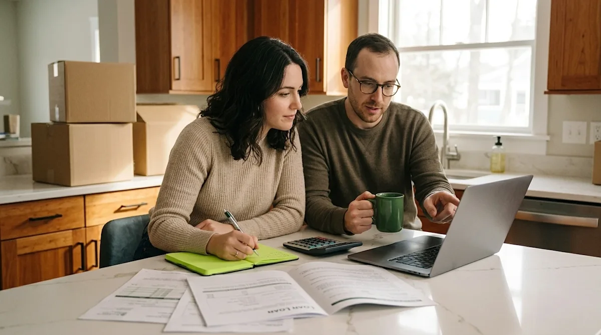 Authentic editorial lifestyle photography of a thoughtful couple sitting at a bright kitchen island in their newly purchased