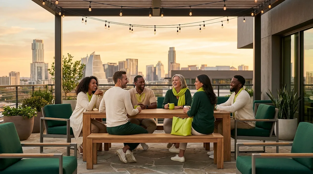 Diverse friends chatting on an Austin rooftop patio with modern green furniture and a city skyline view