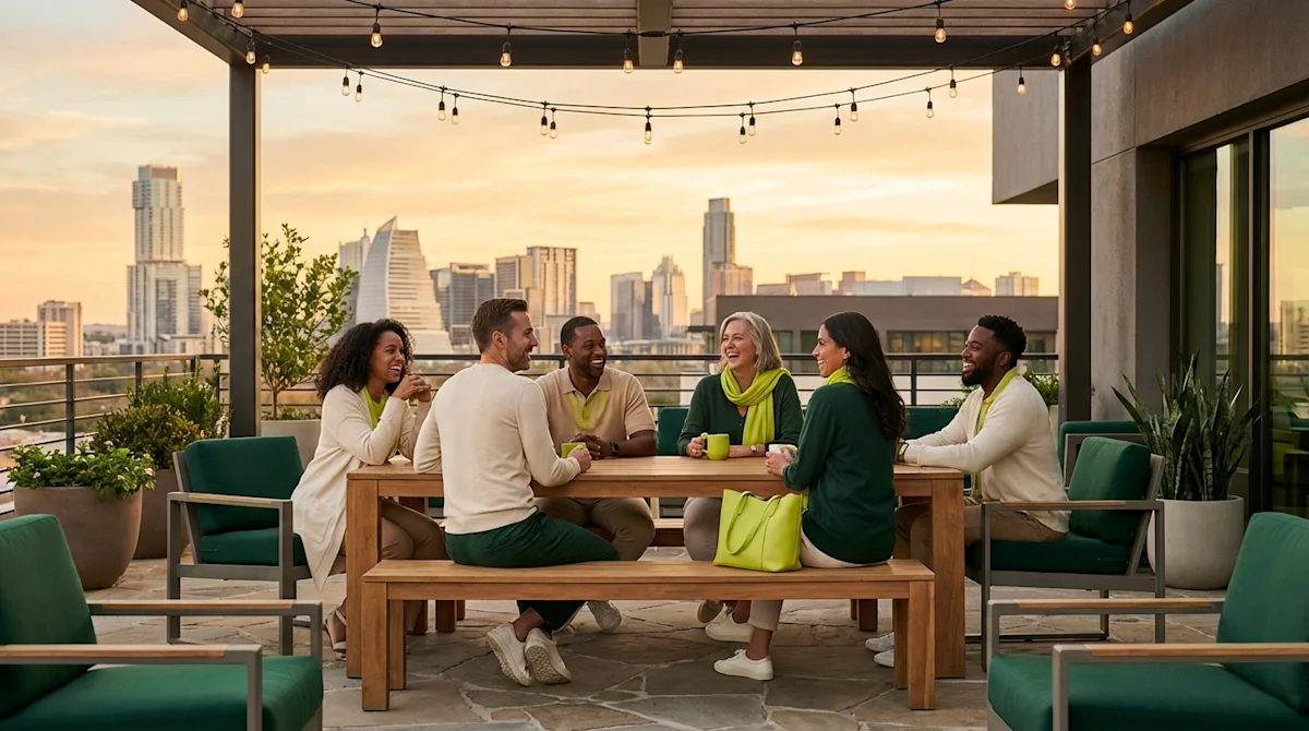 Diverse friends chatting on an Austin rooftop patio with modern green furniture and a city skyline view