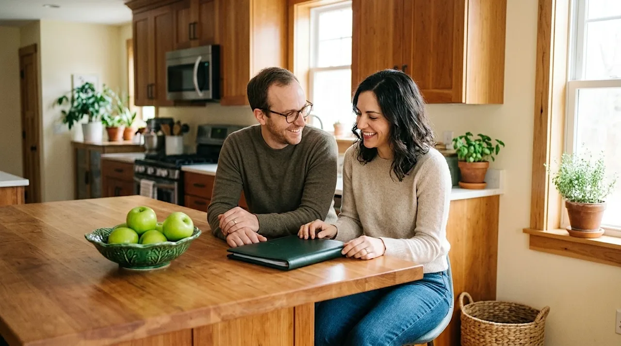 Authentic lifestyle photography of a relaxed, happy couple sitting at a warm wooden kitchen island in their bright, cozy new