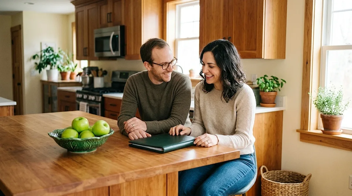 Authentic lifestyle photography of a relaxed, happy couple sitting at a warm wooden kitchen island in their bright, cozy new