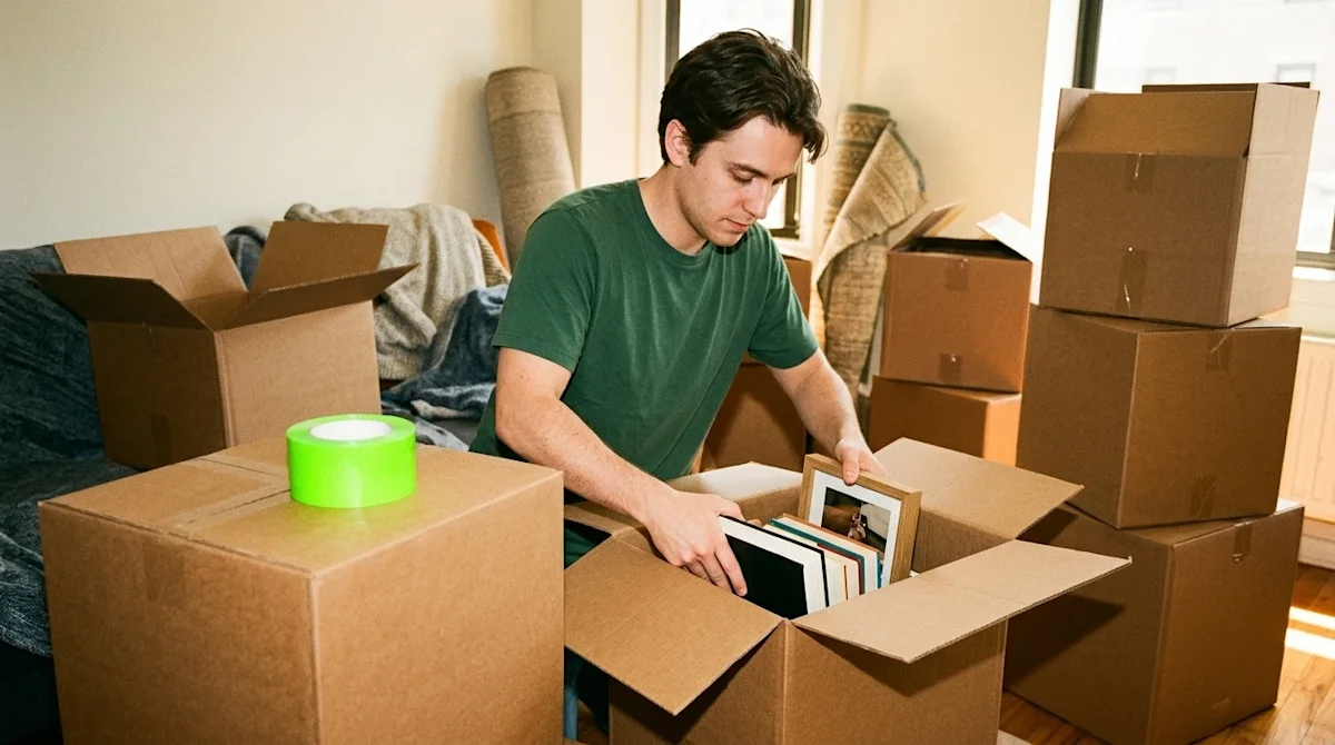 Candid lifestyle photography of a person efficiently packing an apartment in one day. A young adult is shown carefully but qu