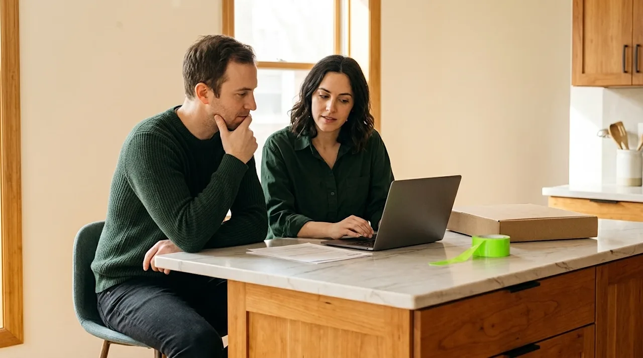Professional lifestyle marketing photography of a thoughtful couple sitting at a wooden kitchen island, having a calm discuss
