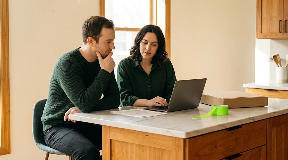 Professional lifestyle marketing photography of a thoughtful couple sitting at a wooden kitchen island, having a calm discuss