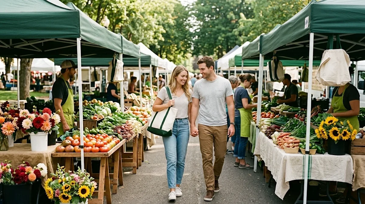 Professional marketing photography of a vibrant outdoor farmers market in Portland. A happy couple strolls through the bustli