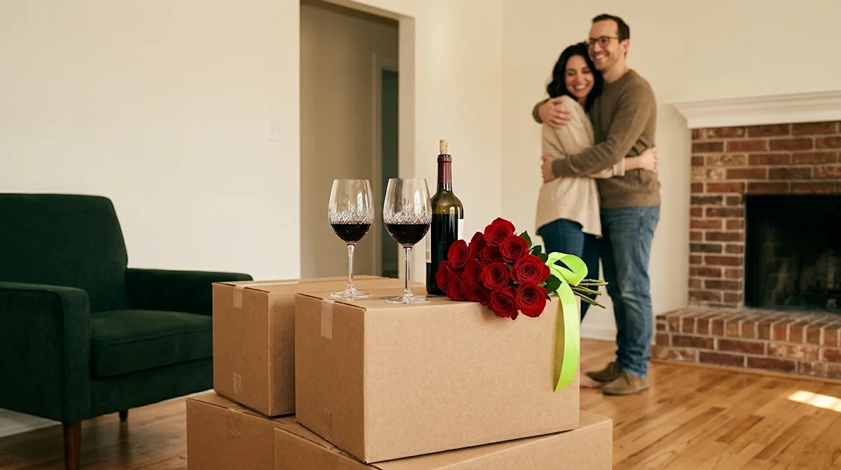 Professional lifestyle marketing photography, a romantic Valentine's Day celebration inside a newly moved-in San Antonio home