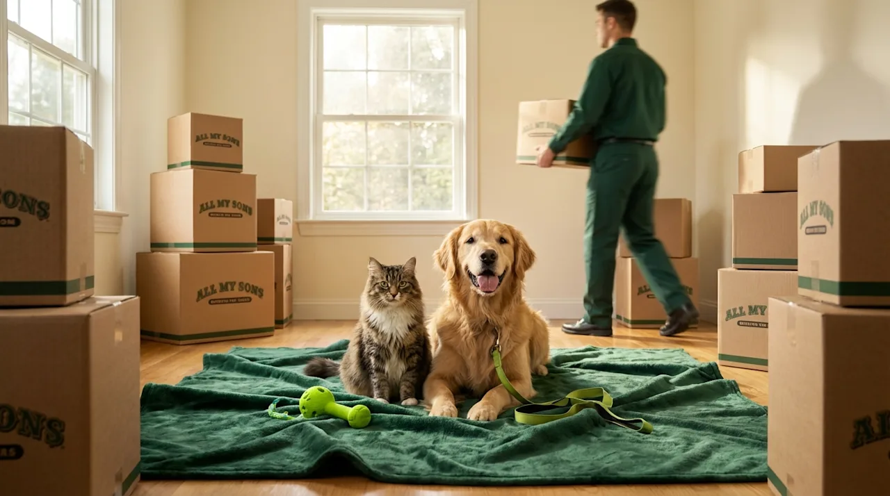 Dog and cat sitting comfortably among moving boxes in a sunlit room with a professional mover in the background.