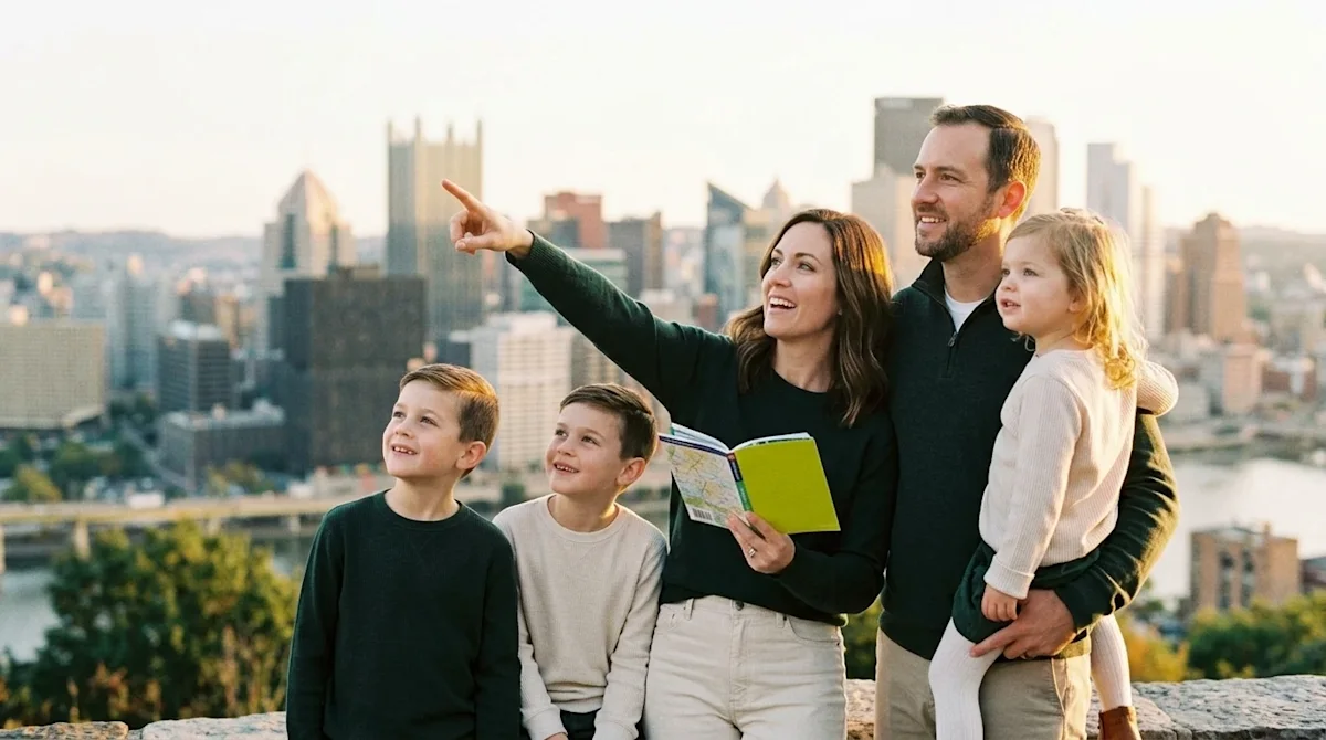 Candid, authentic lifestyle photography of a happy family exploring a new city's must-see attractions after a recent move. Th