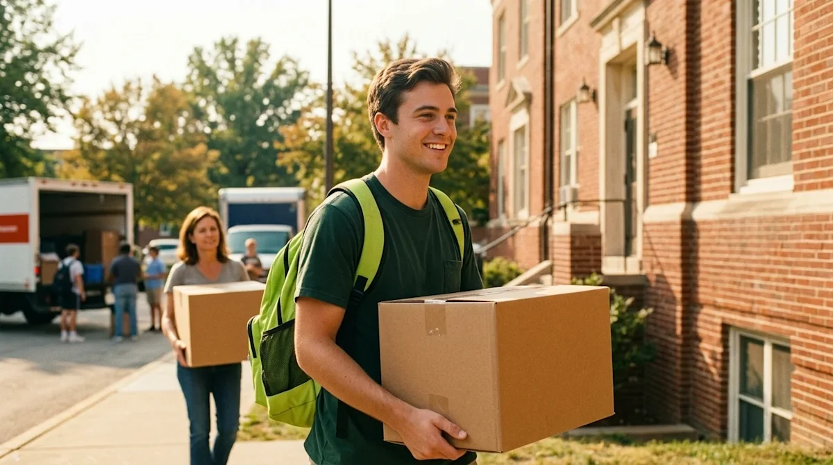 Candid 35mm film photography of a smiling young adult college student moving into a university dormitory in Kansas City on a