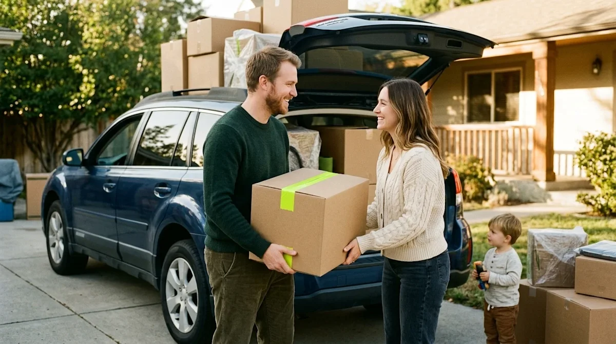 Candid 35mm film photography of a family preparing for a long-distance cross-country move. A young smiling couple is standing