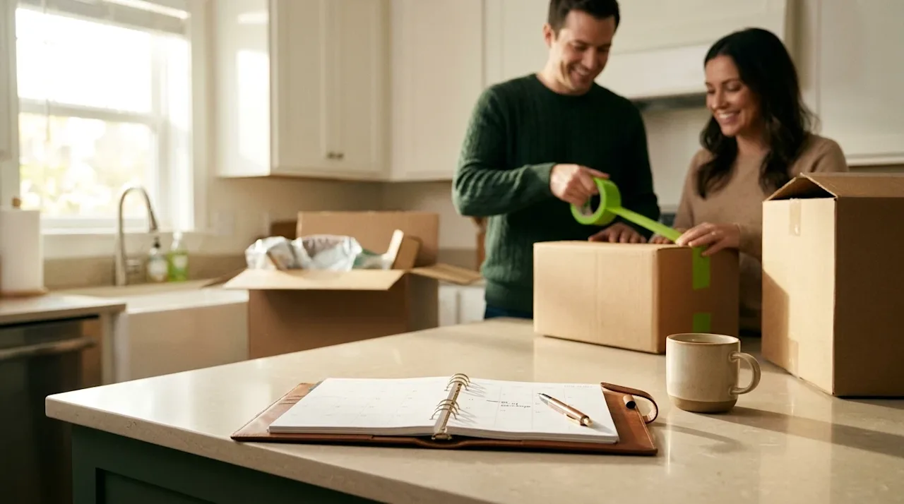 A warm, inviting, high-quality lifestyle photograph capturing the concept of planning a move. In the crisp foreground, an ope