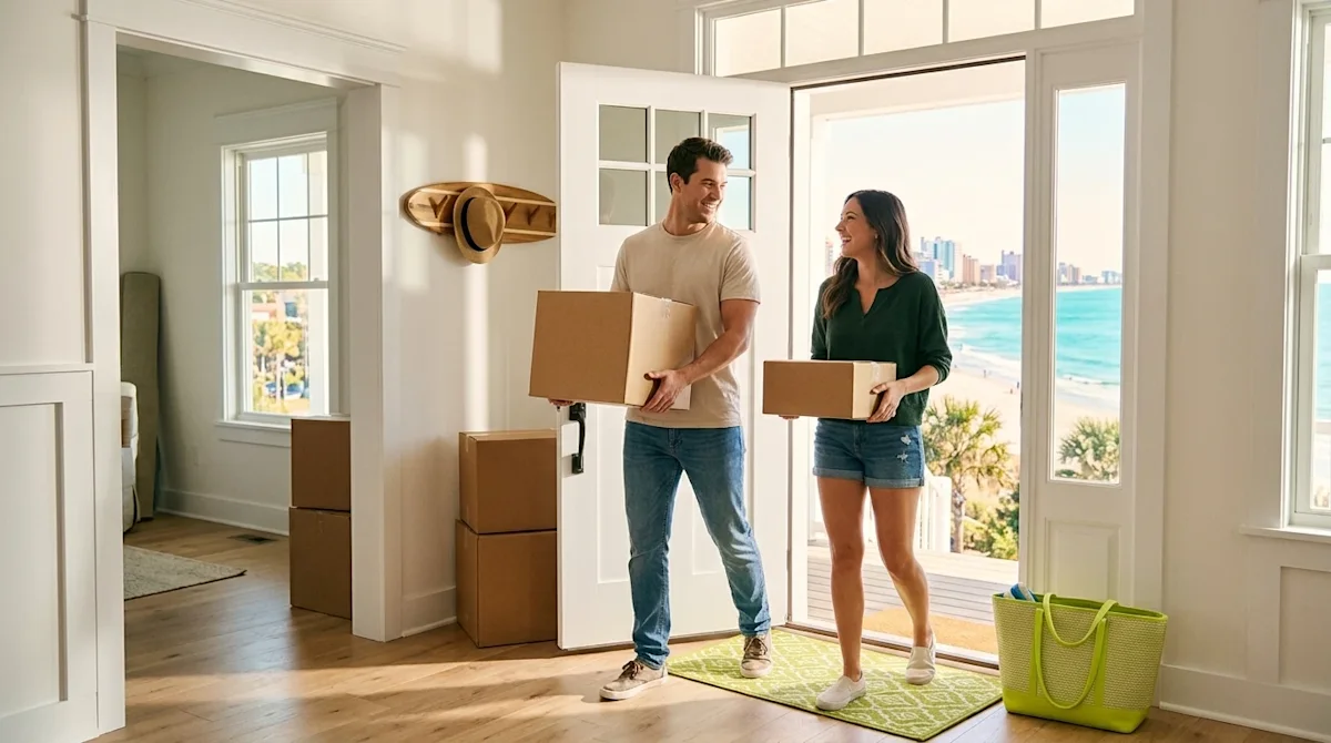 A lifestyle photograph of a happy young couple moving into a bright coastal home in a vibrant beach town, perfectly capturing the big city yet beach town vibes.