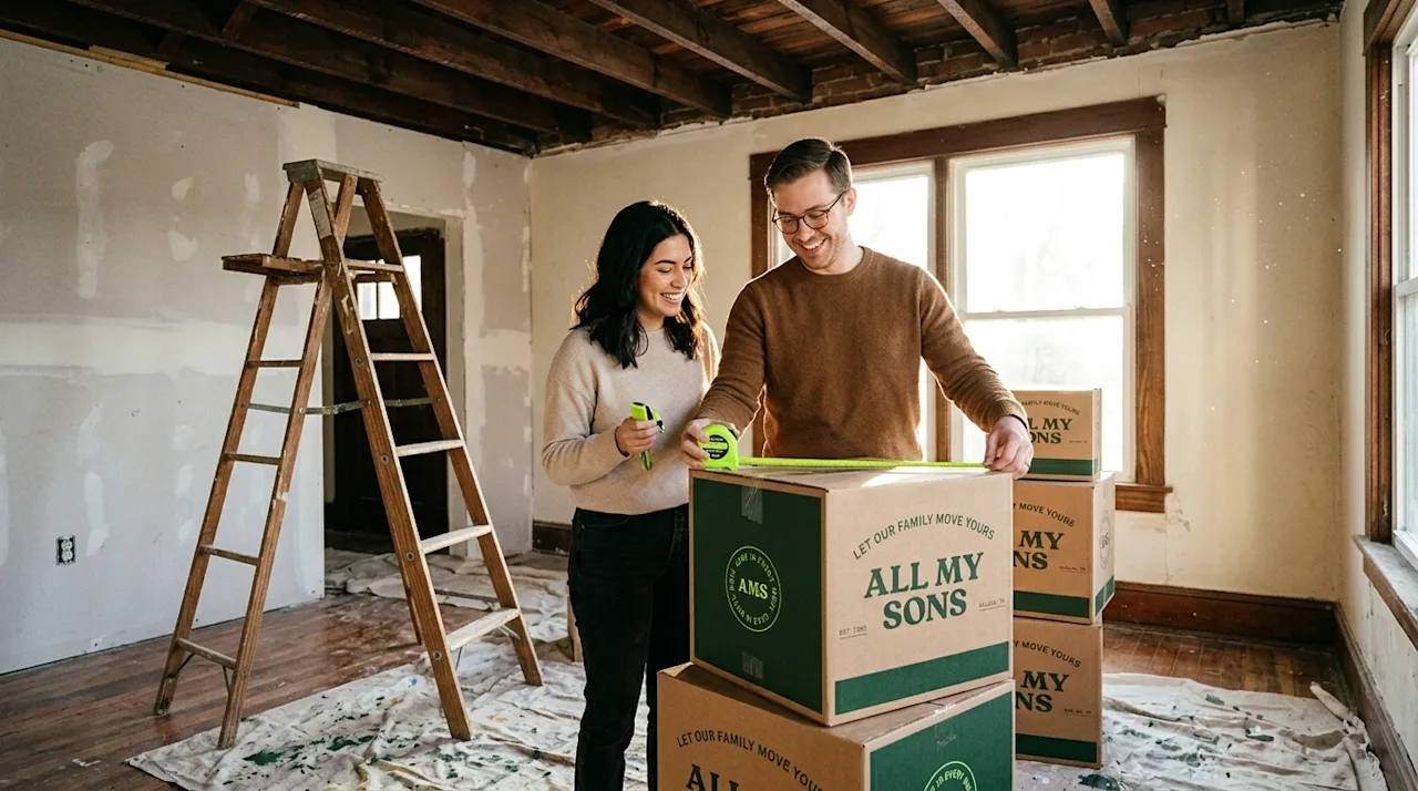 Candid lifestyle photography of a smiling couple standing inside a fixer-upper house undergoing renovations. The room feature