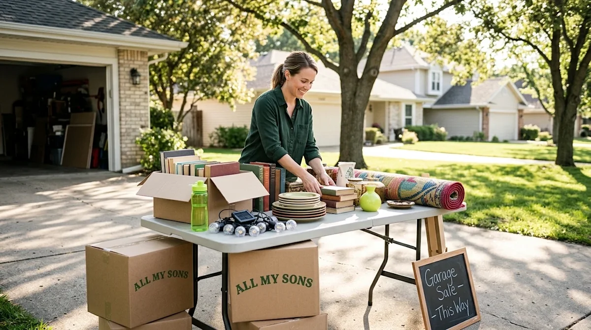 Professional marketing photography, full-bleed photograph of a well-organized garage sale in a sun-dappled suburban driveway