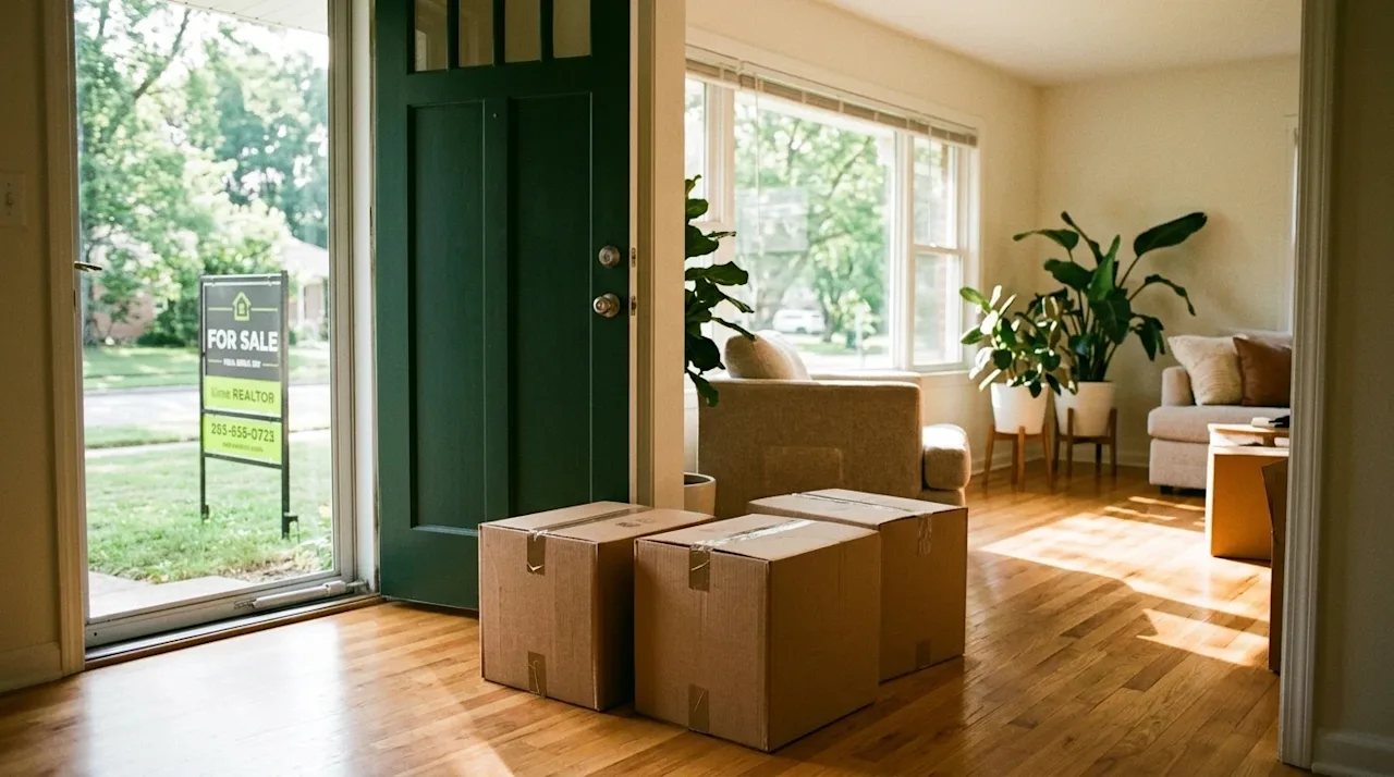 Authentic lifestyle 35mm film photography of a bright, inviting living room in a newly purchased home, representing real esta