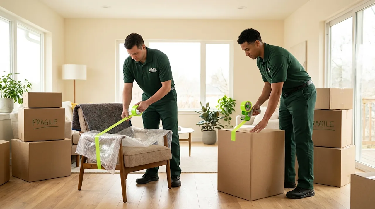 Professional movers in green uniforms carefully packing furniture and boxes in a bright, modern living room.