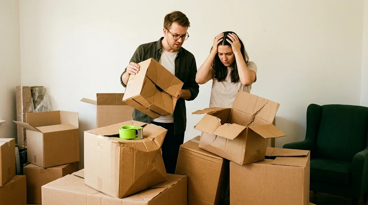 Editorial lifestyle photography of a stressed and frustrated young couple standing in a partially emptied living room, lookin