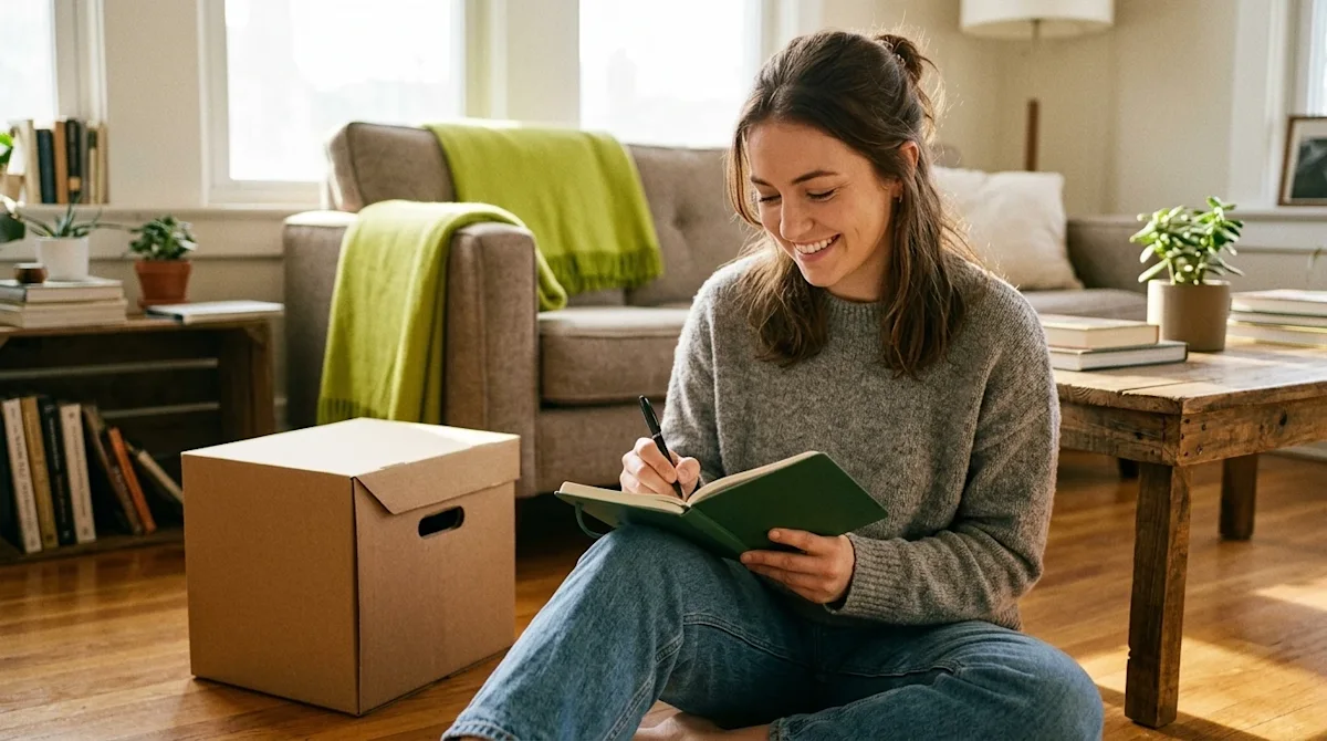 A candid, warm lifestyle photograph of a smiling young woman sitting comfortably on the hardwood floor of a sunlit living roo