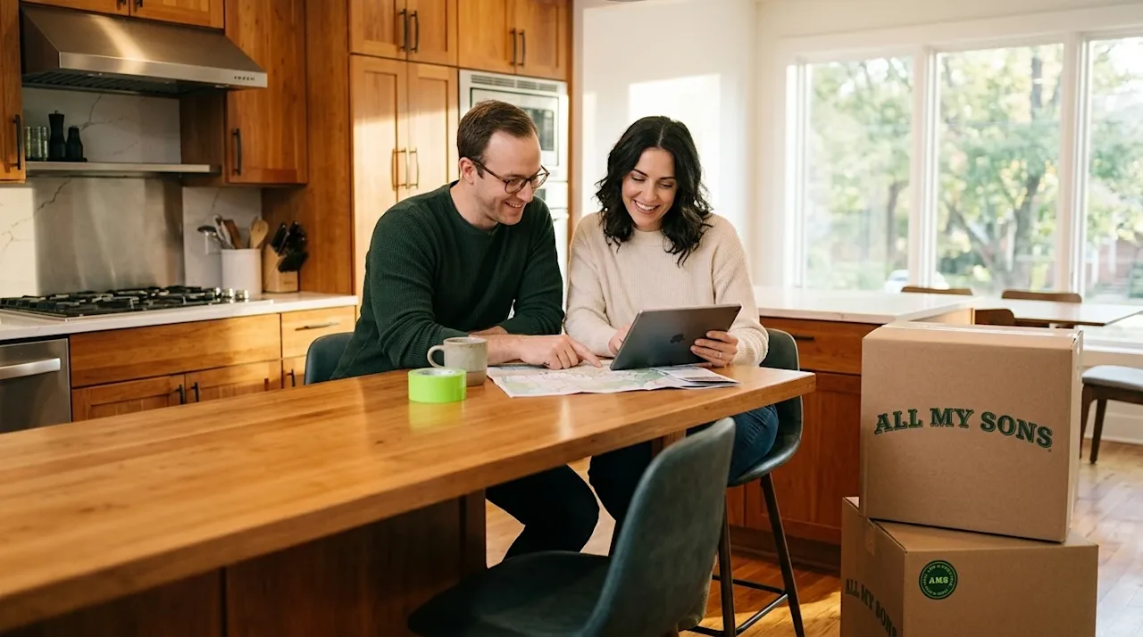 Professional marketing photography, lifestyle editorial shot of a relaxed, happy couple sitting together at a warm wooden kit
