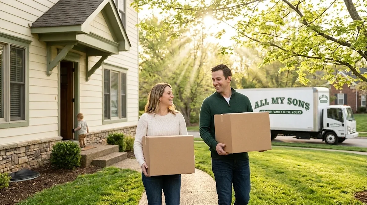 Professional marketing photography of a joyful family arriving at their beautiful new home in a lush, welcoming suburban neig