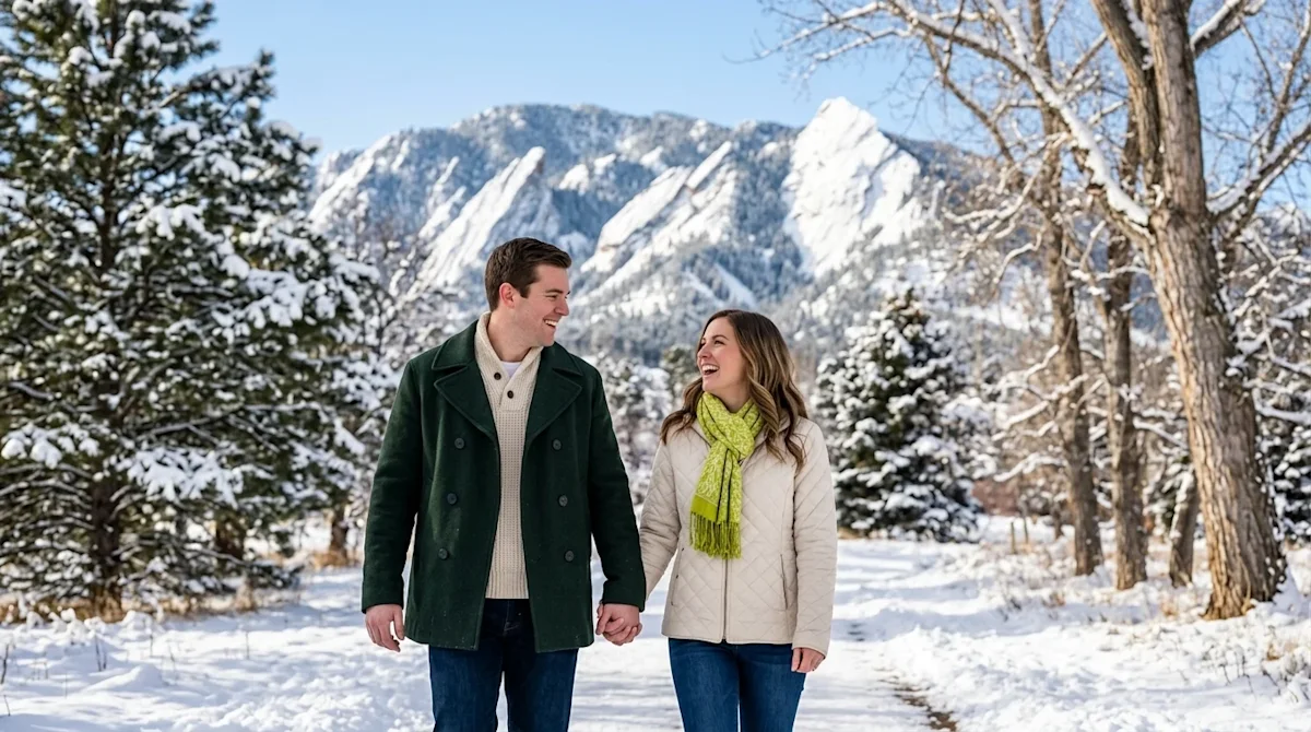 Professional marketing lifestyle photography of a picturesque winter day in Boulder, Colorado in December. A happy, warmly dr