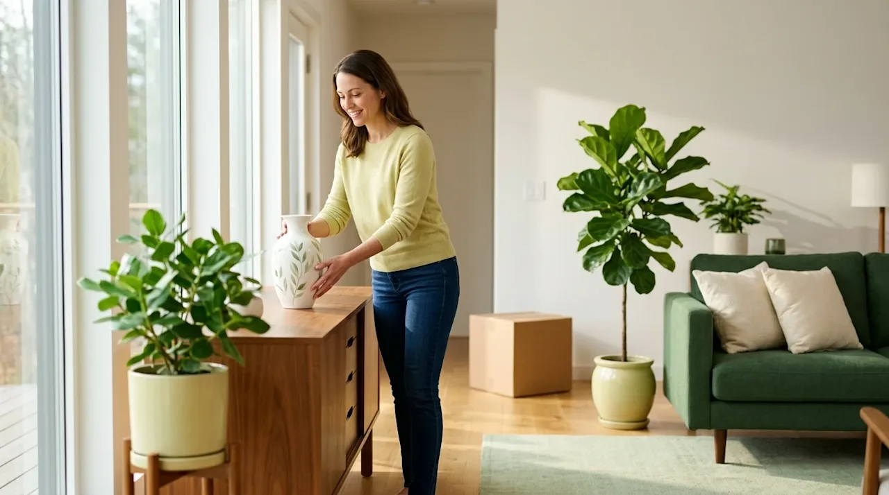Professional marketing photography, wide lifestyle shot of a brightly lit, beautifully decorated modern living room in a new