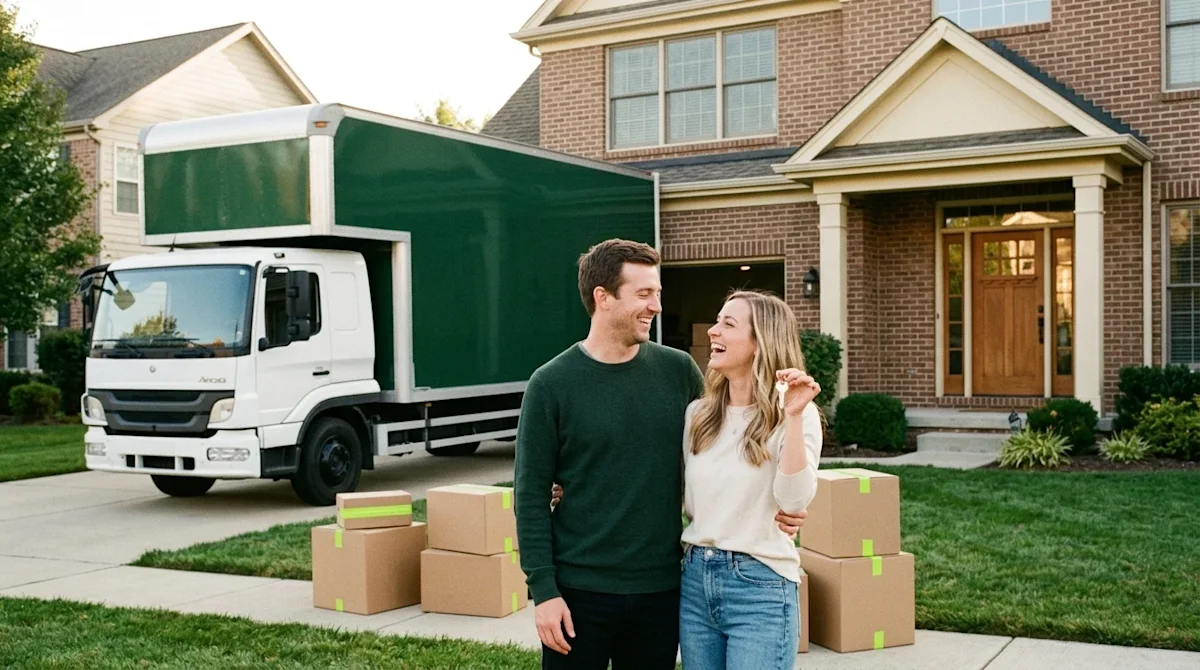 Candid lifestyle photography of a joyful couple standing on the front lawn of a beautiful, highly desirable suburban dream ho