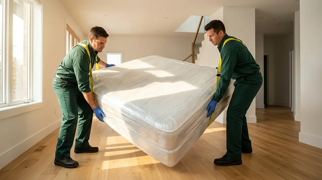 Professional lifestyle photography of a large, clean white mattress being carefully moved by two professional movers in a mod