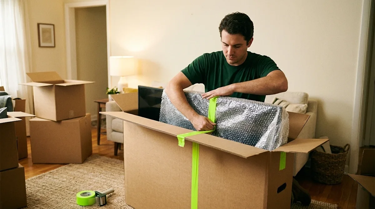 Authentic lifestyle photography of a modern flat-screen TV being carefully packed into a specialized, heavy-duty cardboard mo