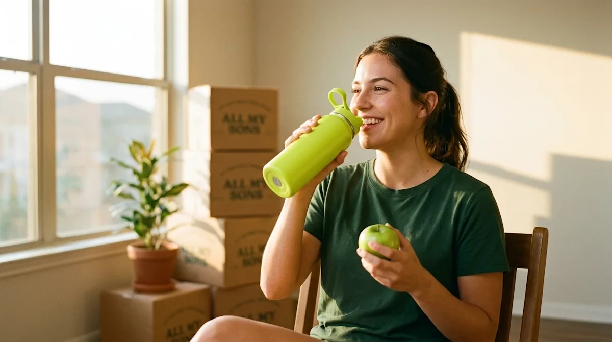 Professional marketing photography of a smiling, healthy young adult taking a wellness break from packing in a brightly sunli