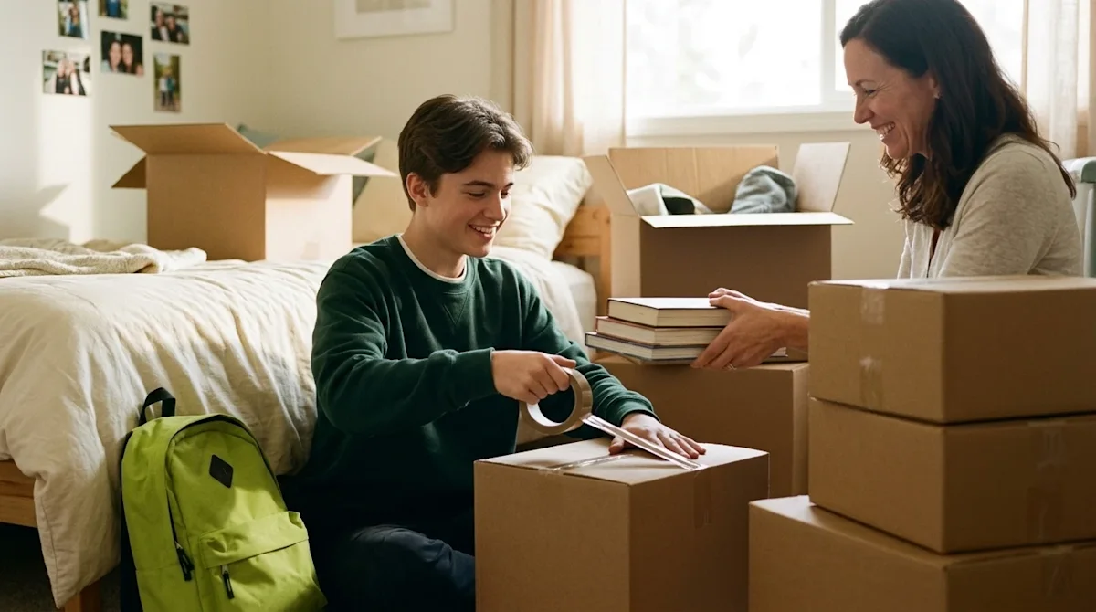 Photorealistic candid lifestyle photography of a young college student and their parent happily packing cardboard moving boxe
