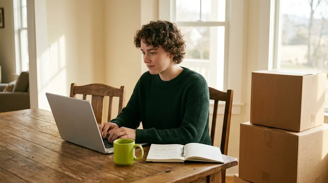 Clear, professional marketing lifestyle photography of a young adult sitting at a rustic wooden dining table, actively typing