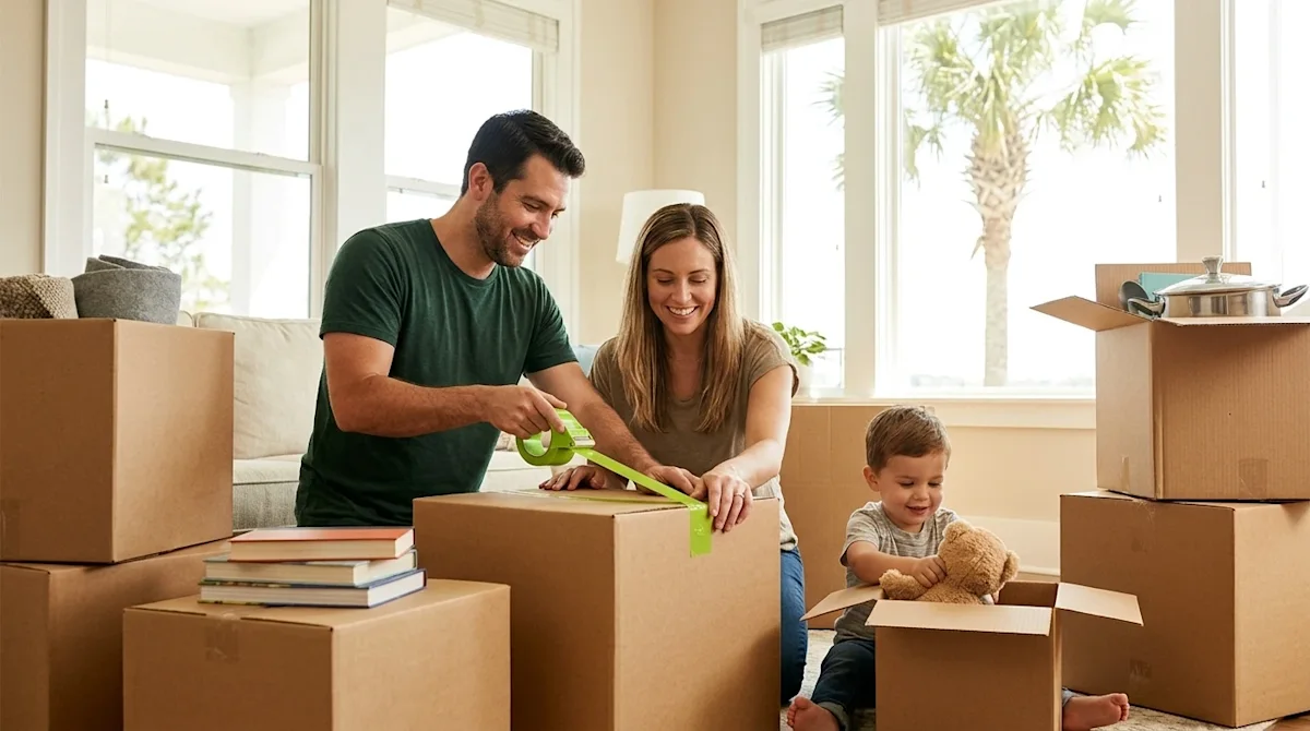 Candid, warm lifestyle photography of a smiling family preparing for a move in a brightly lit home. A mother, father, and you