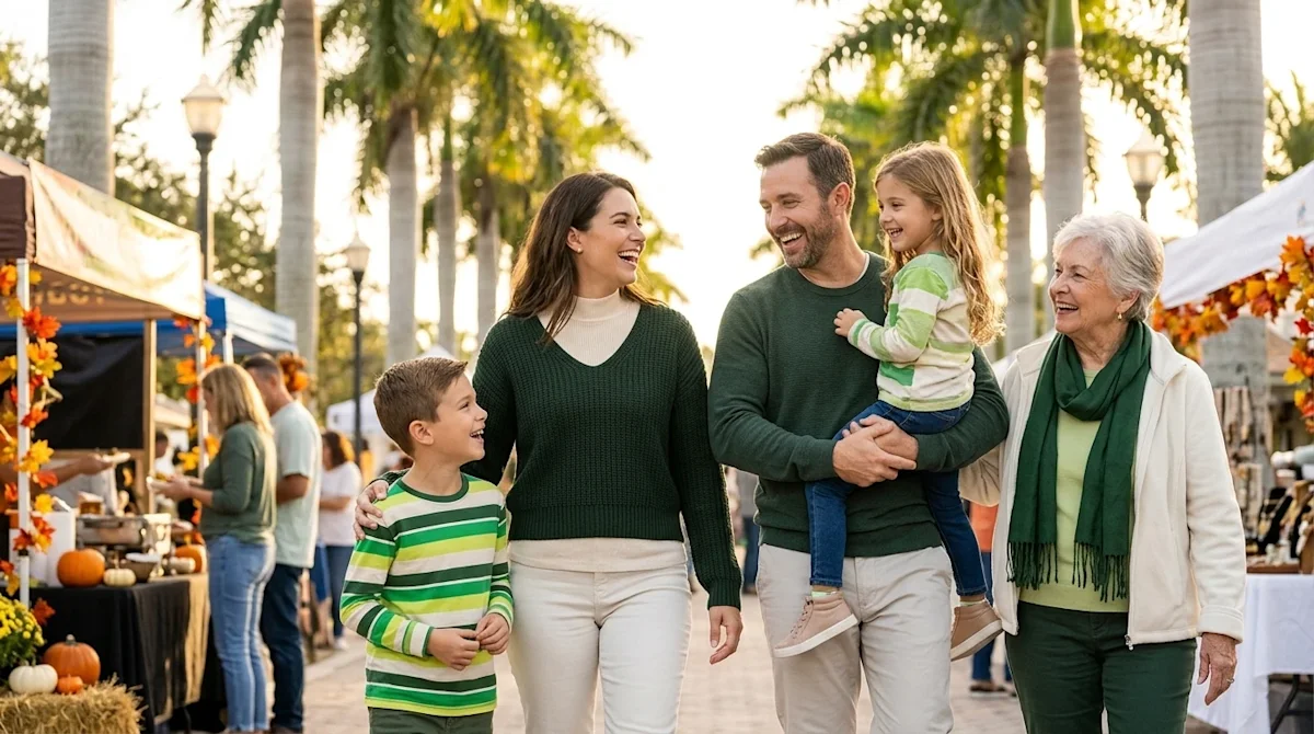 Professional marketing photography, clear and borderless. A candid, warm lifestyle shot of a happy family enjoying a sunny ou