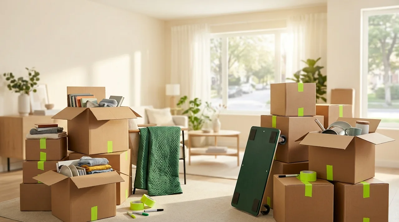 Disorganized cardboard moving boxes with lime green tape in a modern living room representing moving day preparation.