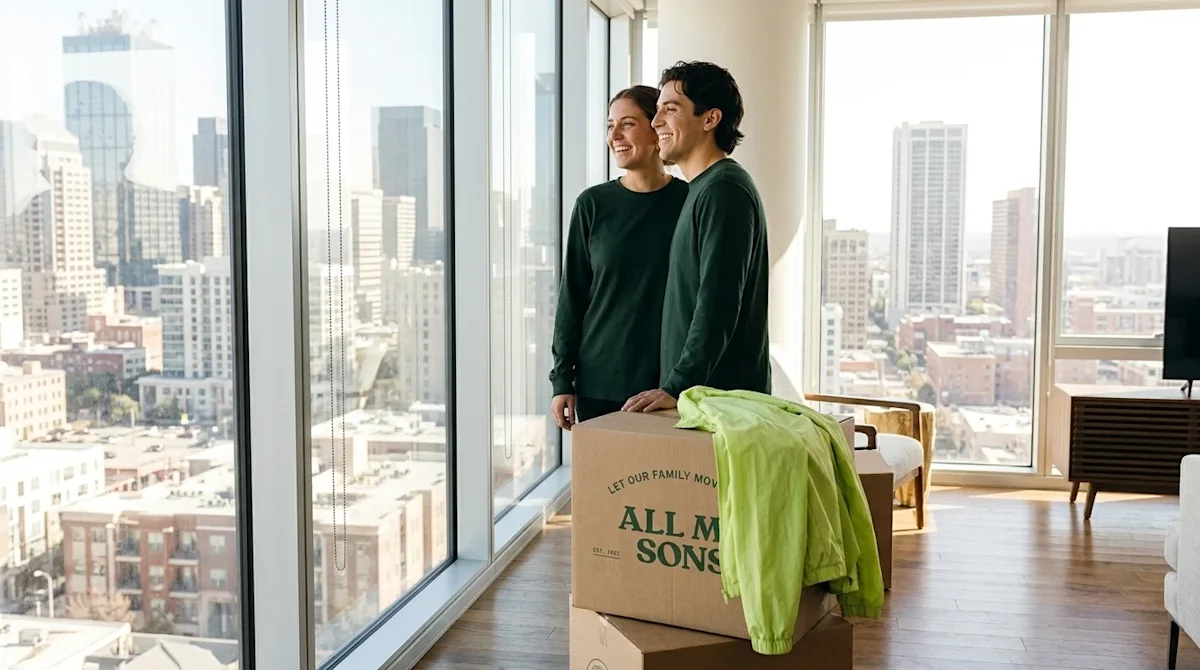 Professional marketing photography of a happy young couple standing in their new modern downtown apartment, looking out a lar