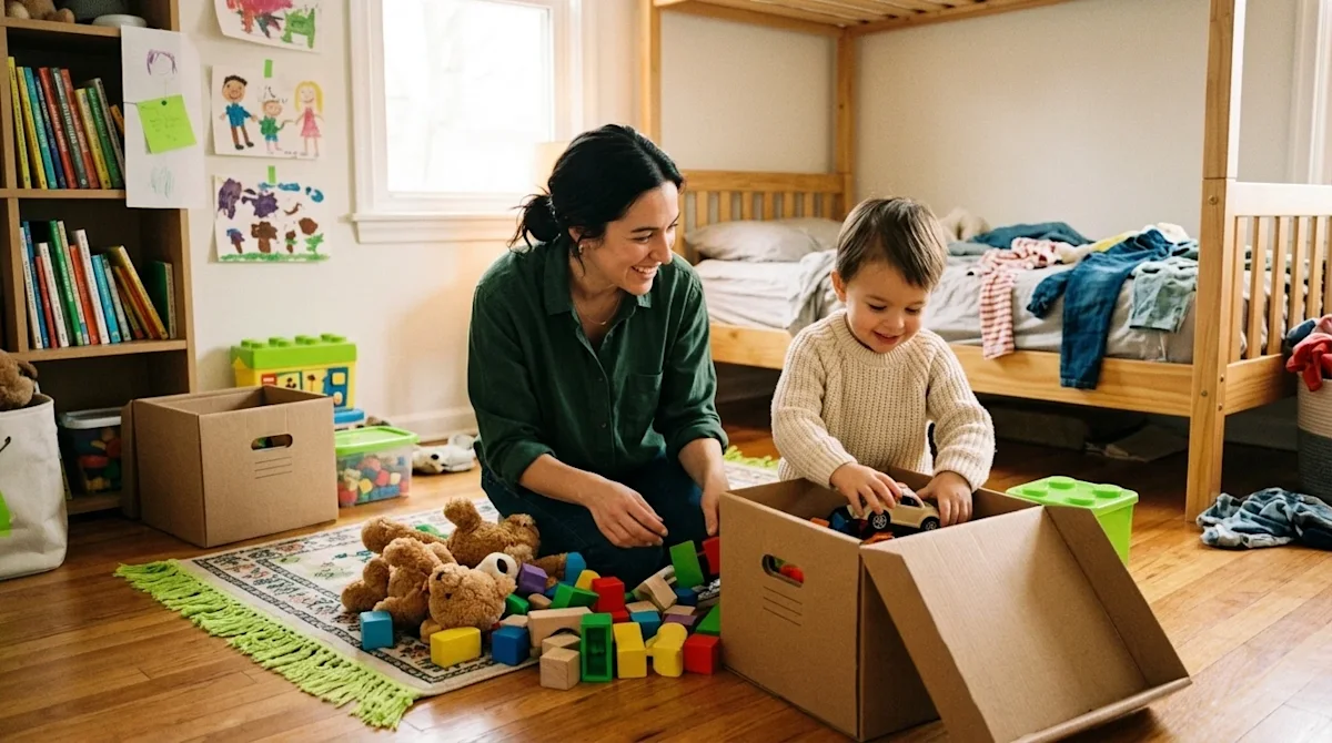 Candid 35mm film style photograph of a parent and young child happily organizing a messy kid's bedroom together. The parent i