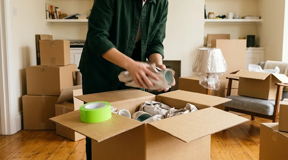 Professional marketing photography of a person urgently but efficiently packing household items into cardboard boxes in a bri