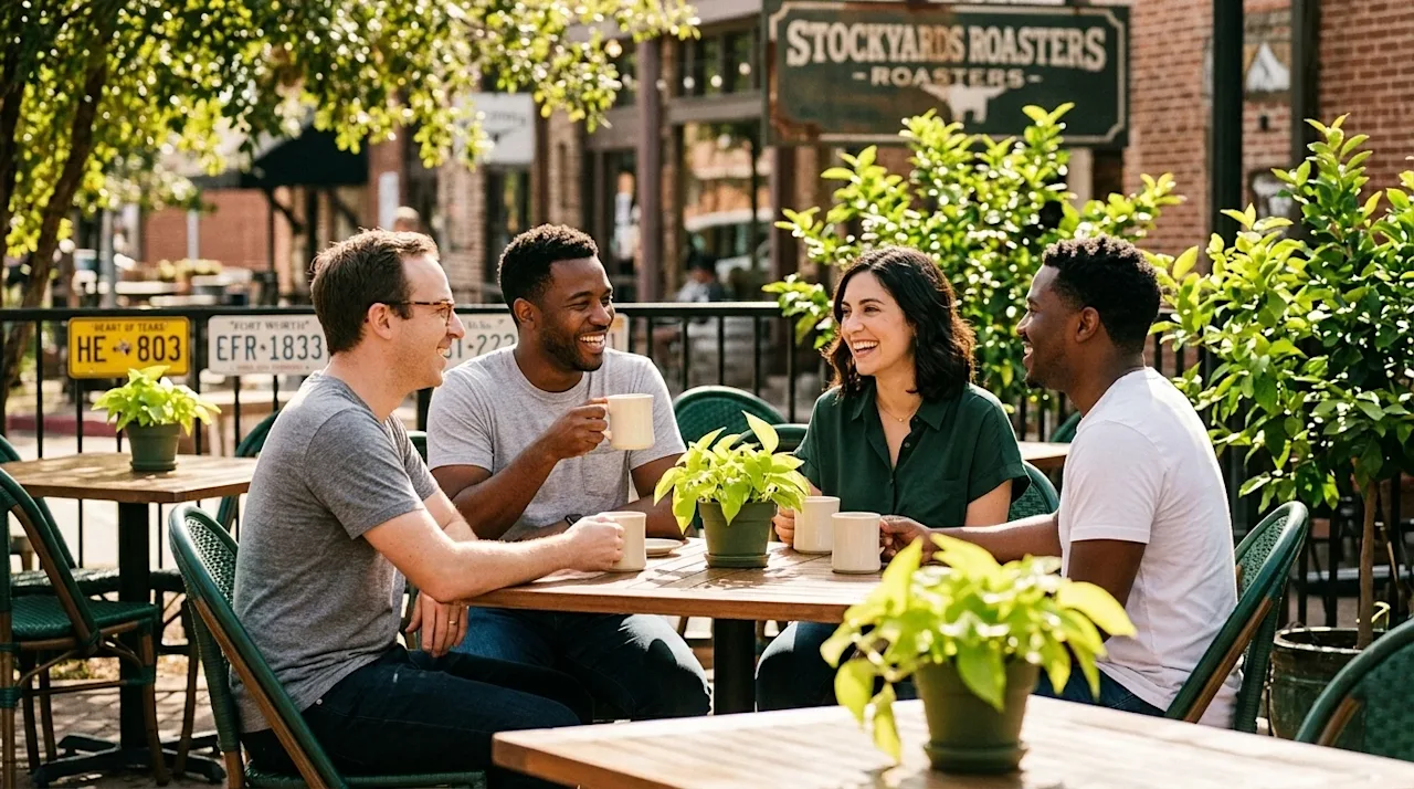 Clear, professional marketing photography of a warm and inviting scene on a sunny outdoor patio at a lively neighborhood cafe