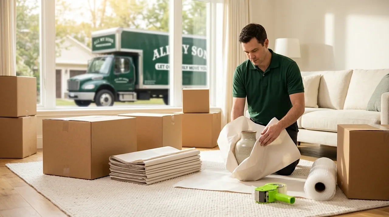 High-quality commercial photography of a bright, sunlit living room demonstrating organized and expert packing for a residential move.