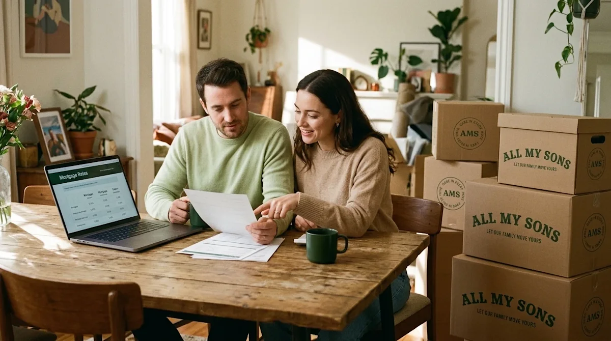 A warm, candid lifestyle photograph of a couple sitting at a wooden dining table in their partially unpacked new home, though