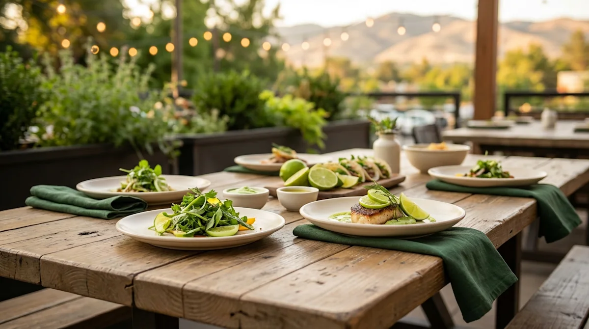 Gourmet patio dining in Boise, Idaho with forest green linens, cream plates, and lime-green garnishes.