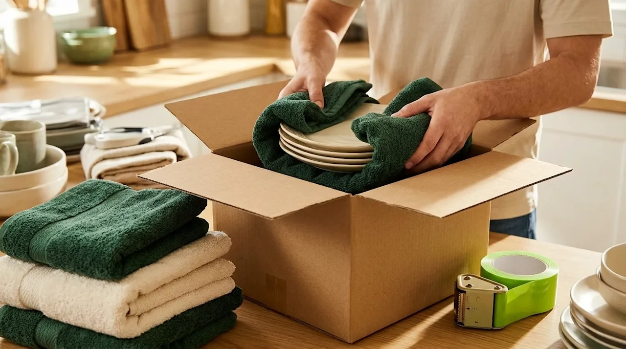 A candid, editorial-style lifestyle photograph illustrating a clever moving day life hack. A person's hands are shown creativ