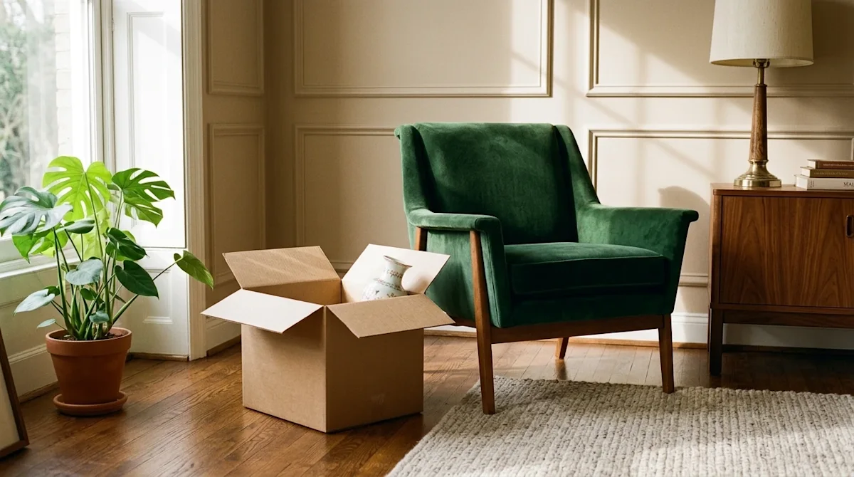 Authentic lifestyle photography of a bright, elegant living room showcasing timeless decor. The focal point is a classic, bea