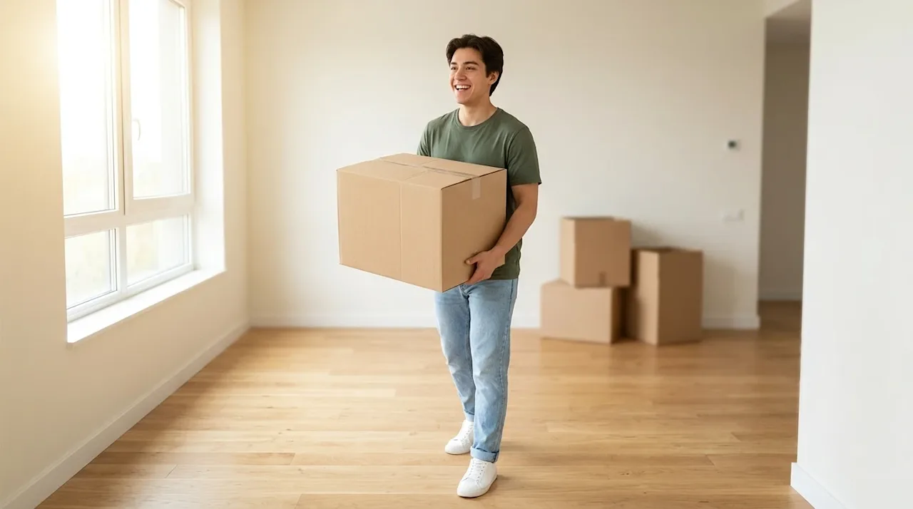 High-quality lifestyle photography of an excited young adult carrying a neatly sealed cardboard moving box into a bright, emp