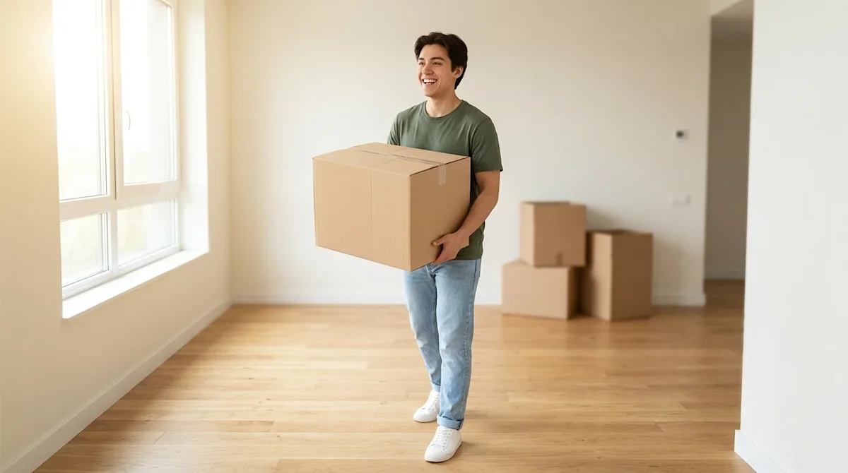 High-quality lifestyle photography of an excited young adult carrying a neatly sealed cardboard moving box into a bright, emp