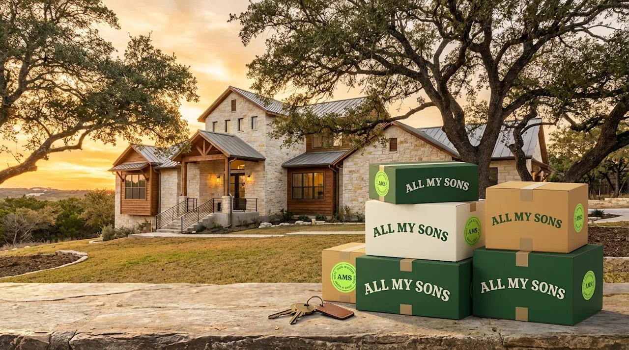 All My Sons moving boxes and house keys in front of a luxury limestone home in Austin, Texas.