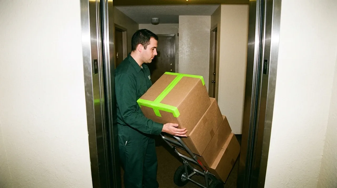 Wide-angle candid 35mm film photography of a professional mover wearing a dark forest green uniform shirt, standing in an apa