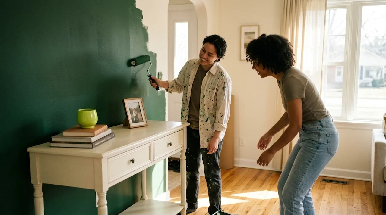 A candid, warm lifestyle photograph of a couple doing an inexpensive DIY home upgrade in a cozy, sunlit living room. One pers